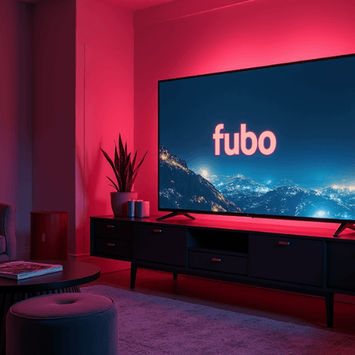 FuboTV logo and interface showcasing features, pricing, and streaming options in 2025.