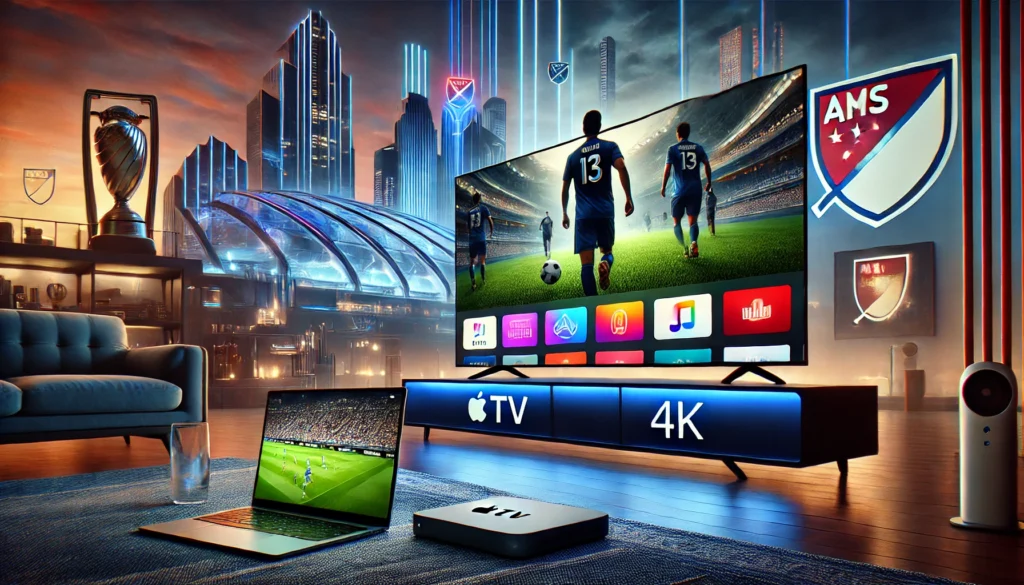 A modern living room with a 4K TV displaying Apple TV shows and an MLS representin Best Shows on Apple TV soccer game, with a Chromebook nearby for seamless streaming.