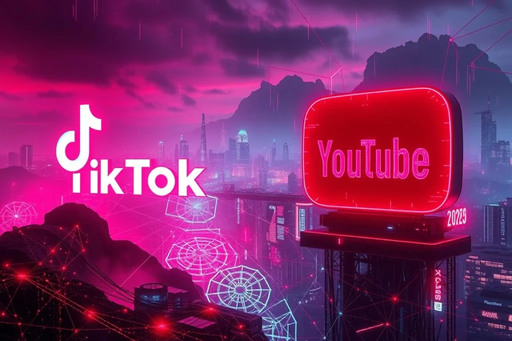 A futuristic digital landscape showcasing data flows and AI-driven elements representing TikTok & YouTube Algorithms in 2025.