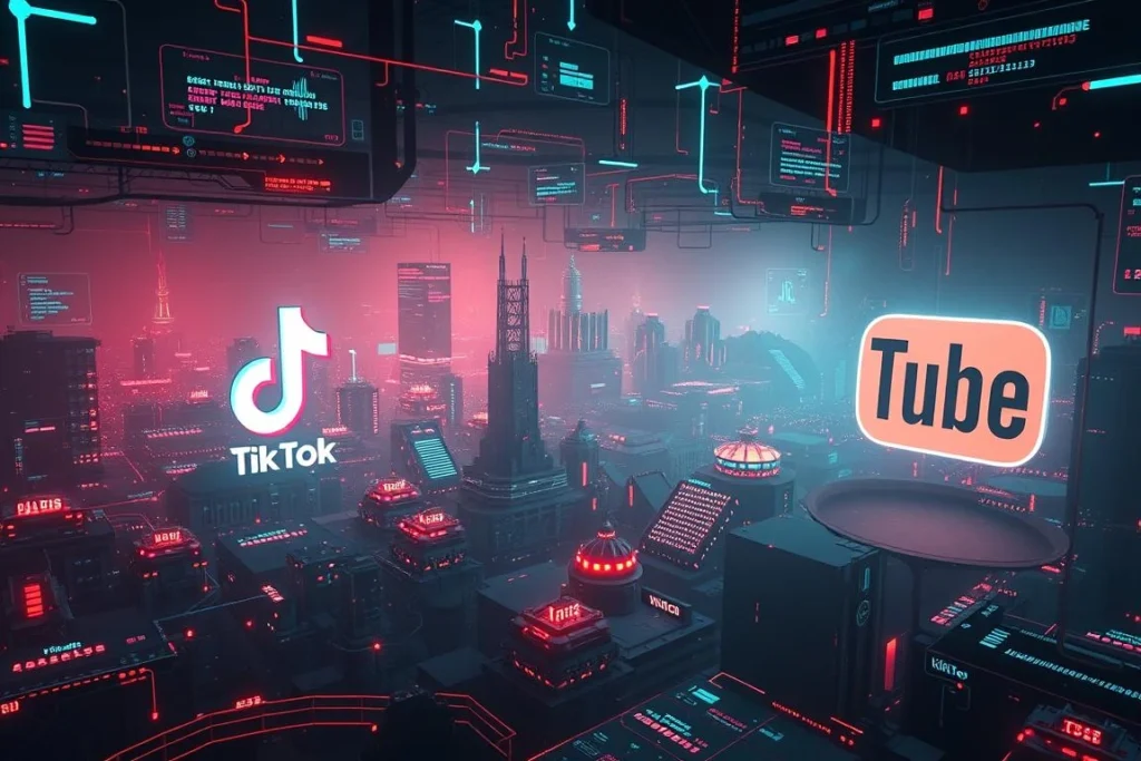 A futuristic digital landscape showcasing data flows and AI-driven elements representing TikTok & YouTube Algorithms in 2025.